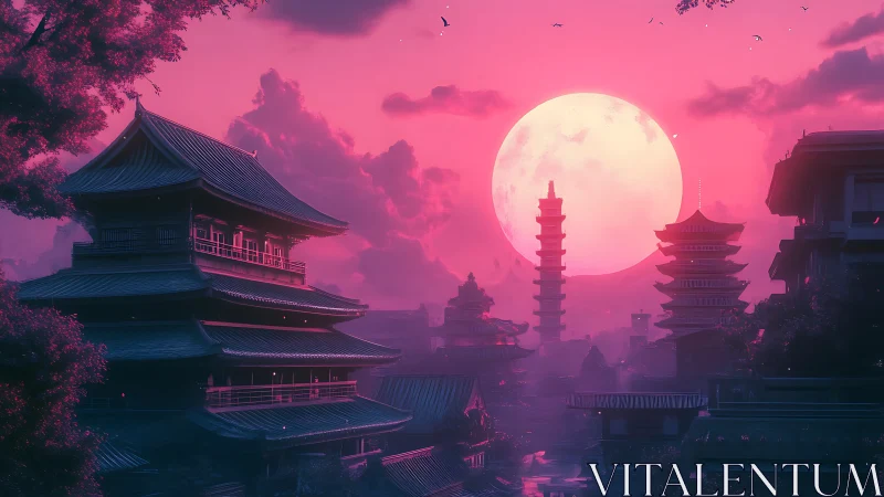 Neon pink moon over stylized Japanese temple skyline.