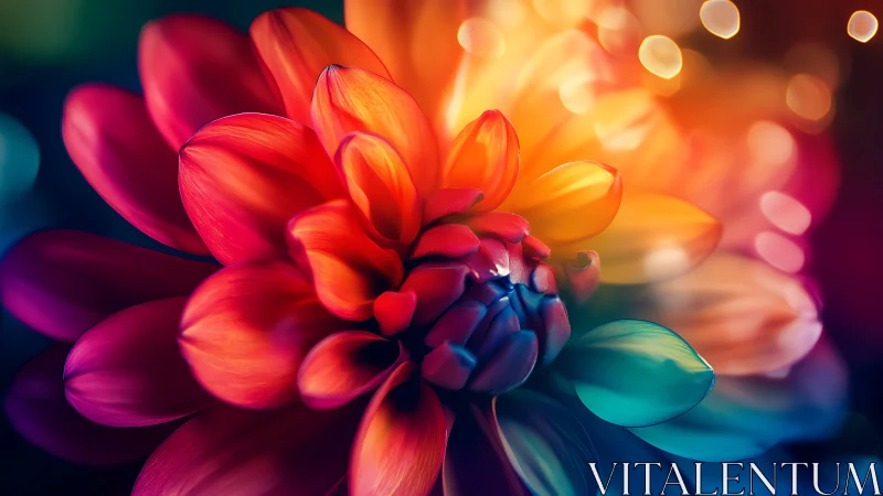 Radiant rainbow dahlia glowing with soft dreamy light.