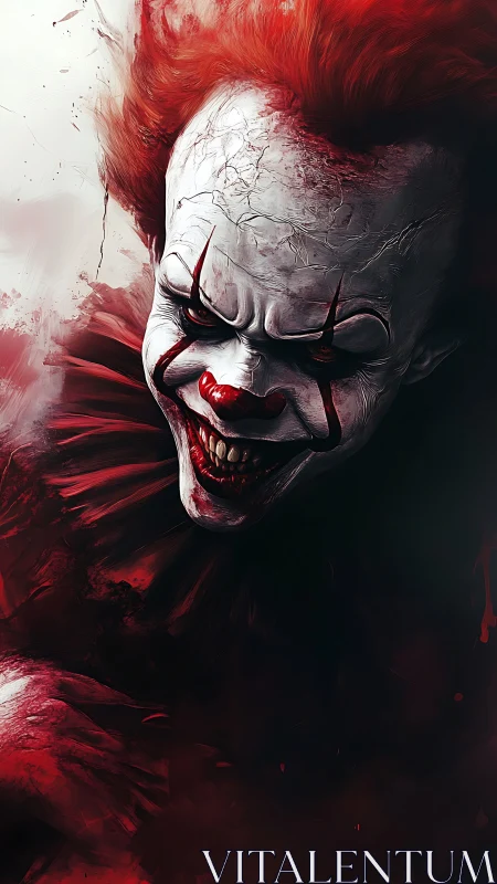 Forensic close-up of sinister carnival clown visage in red fog.