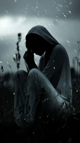 Silhouetted woman praying in stormy night rainstorm field.