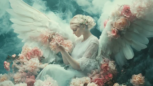 Ethereal winged woman in lace gown surrounded by dense pastel peonies
