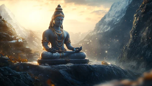 Mountain dawn yogi statue cradling quiet cosmic light.
