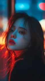 Neon dusk leans across her face and quietly rewrites night