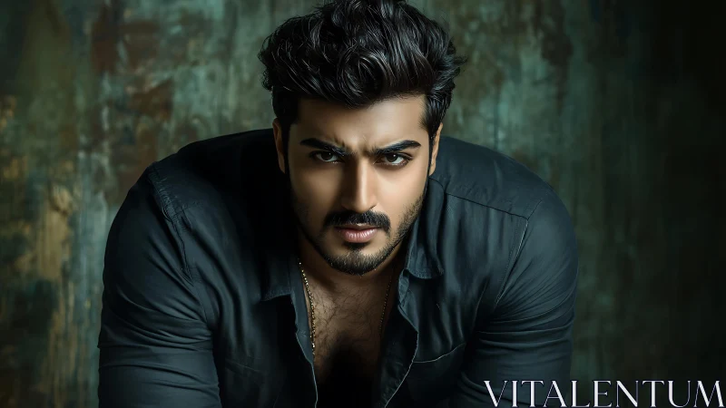 Intense bearded man leans forward in dramatic studio light