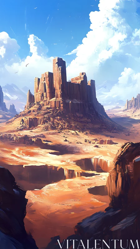 Eroded sandstone mesa under volumetric clouds and harsh light