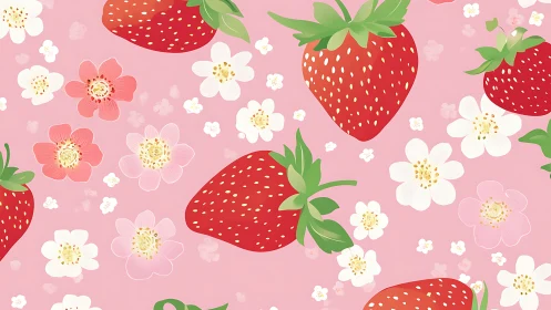 Strawberry pattern pops against soft pink floral backdrop.
