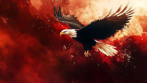 Majestic bald eagle soaring in dramatic fiery digital art style.