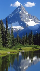 Snowcapped peak rises above pine forest and mirror lake