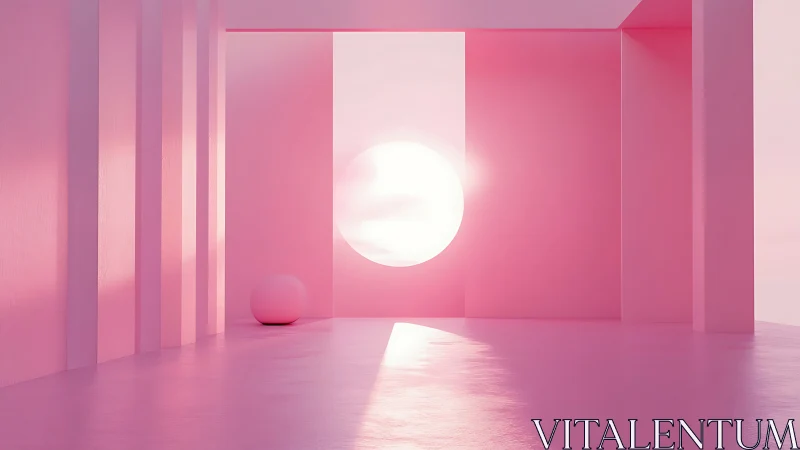 Pink geometric room with glowing sunlit circular opening.