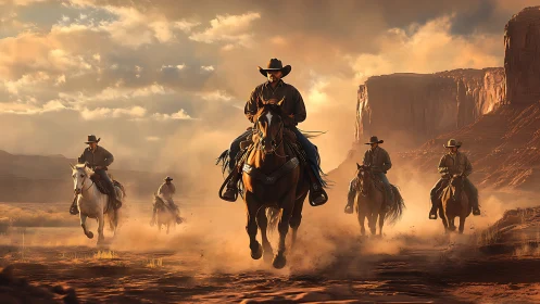 Cinematic Western riders in dynamic desert depth composition.