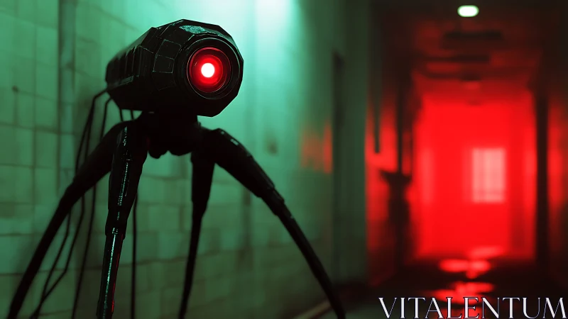 Spider-legged sentry studies a neon corridor of red dread