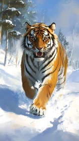 Tiger strides through sunlit snow in dynamic winter portrait.