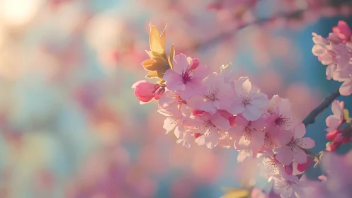 Soft-focus Cherry Blossom Cluster with Backlit Golden Butterfly.
