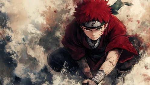 Red-haired ninja warrior in dynamic crouched battle pose.