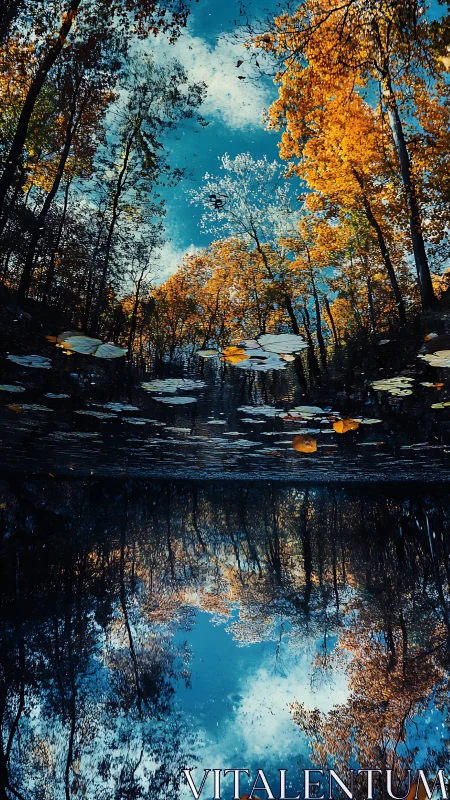 Autumn forest reflects in tranquil blue woodland pond.