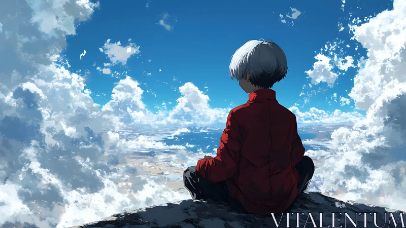 Solitary figure studies vast cloud ocean from high ledge.