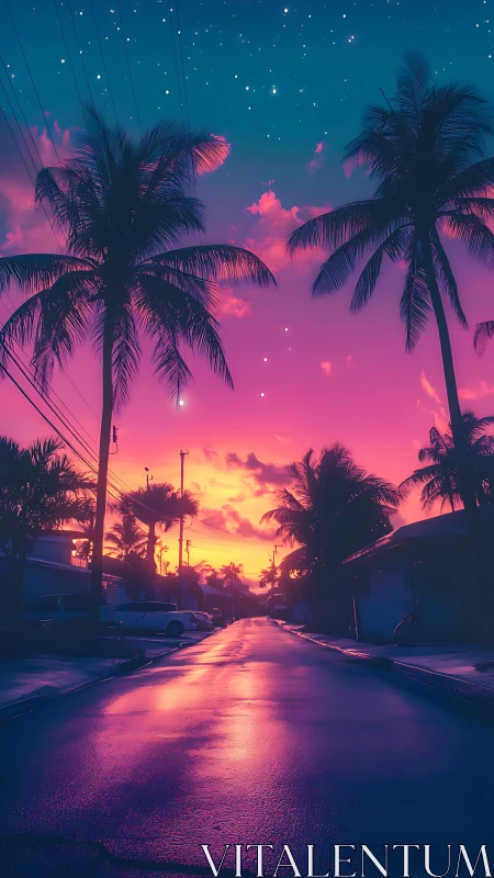 Dreamy palm-lined street glowing under a tropical dusk sky.