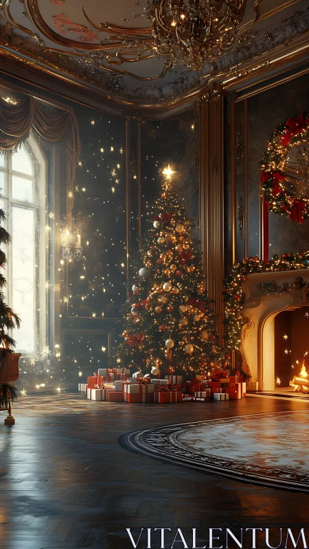 Opulent Christmas tree in gilded salon with glowing hearth.