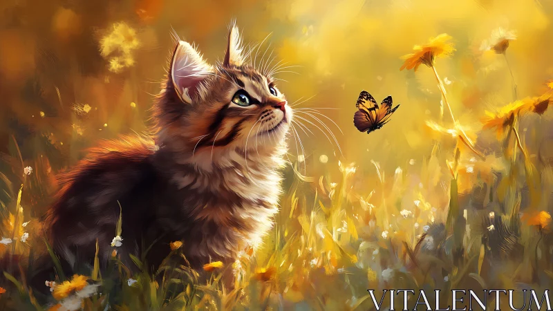 Maine Coon Kitten in Golden Wildflower Field with Monarch Butterfly