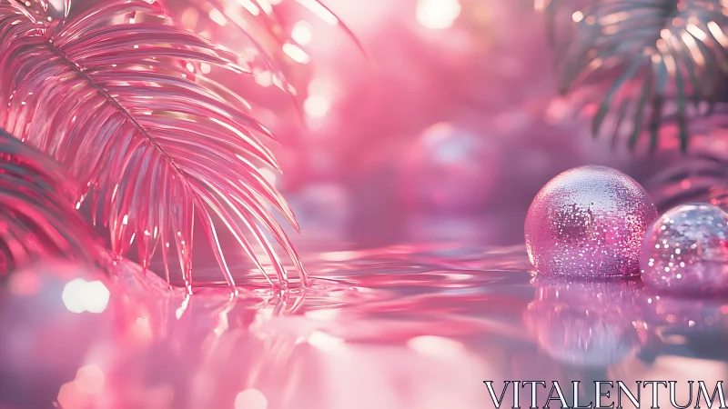 Pink chrome palms reflect beside glitter spheres on water