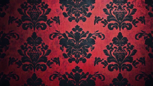 Baroque damask tessellation on distressed crimson substrate.