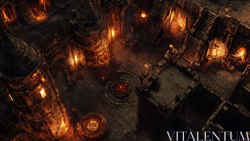 Isometric infernal fortress courtyard with ritual fire.