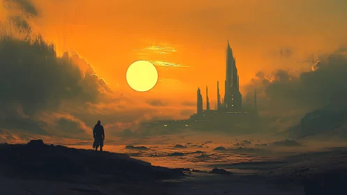 Sun-drenched wanderer studies a distant citadel of mist