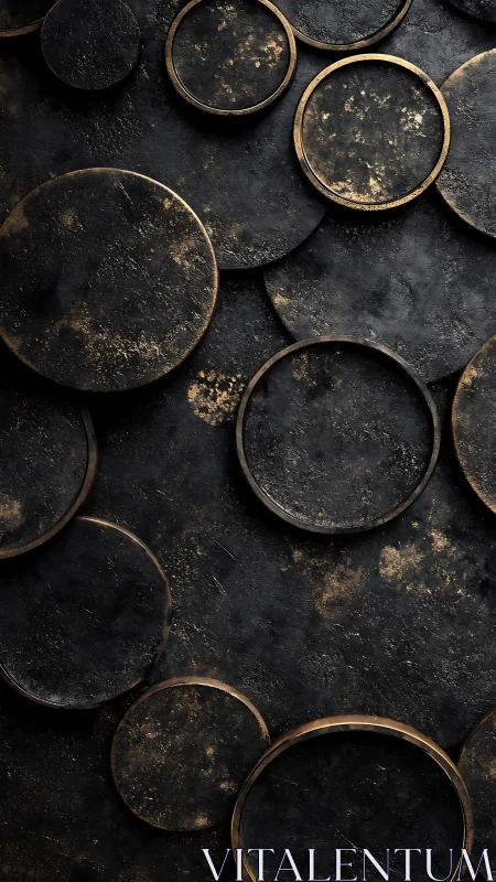 Textured black circles with distressed metallic rings pattern.