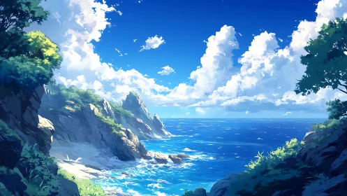 Sunlit rocky coastline with turquoise surf under cumulus sky