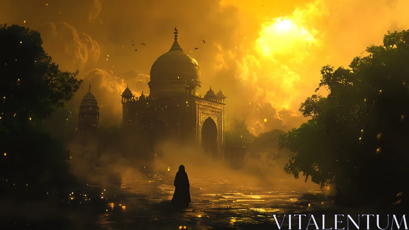Golden twilight temple glowing through drifting mist.