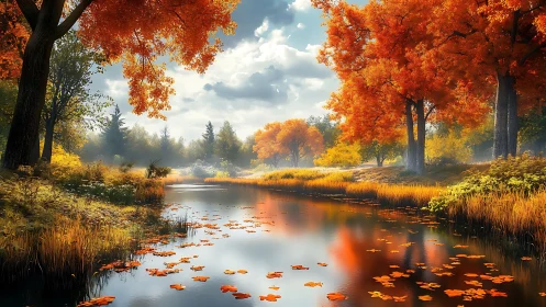 Golden autumn river gently reflecting fiery forest colors.