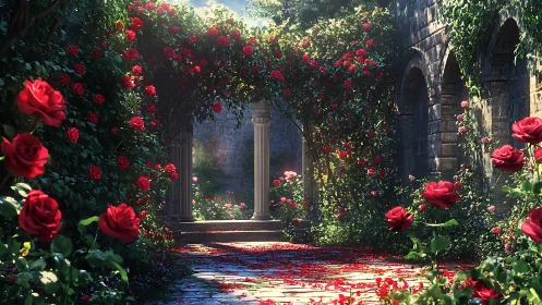 Verdant Archway: Red Roses Framing Classical Stone Passage.