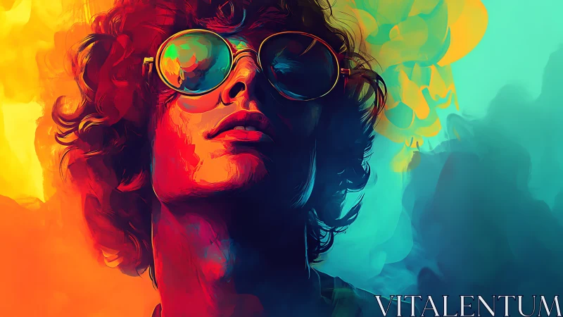 Digital portrait depicts stylized figure in reflective glasses