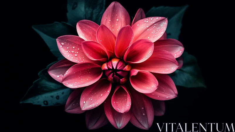 Pink dahlia with water droplets photographed against dark teal background.