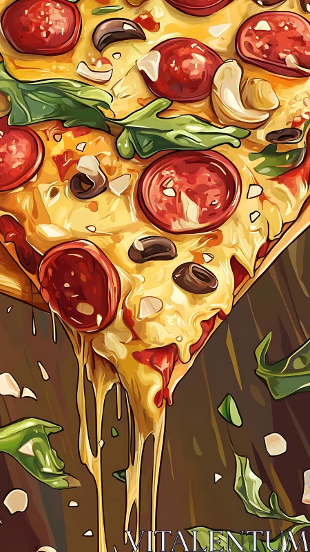 Cheesy pepperoni slice with greens in bold digital art.