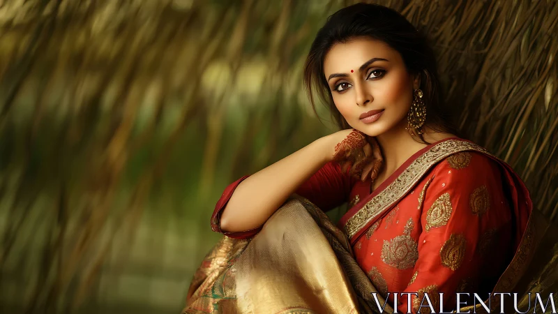 Elegant woman in traditional red sari, natural light portrait.