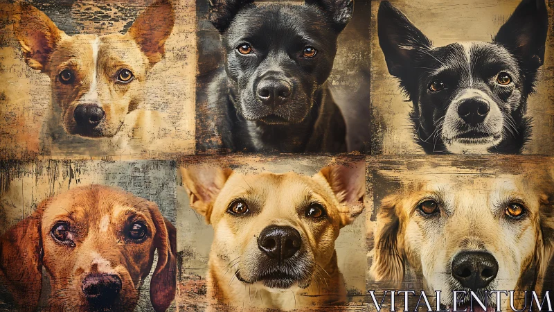 Canine portrait grid with six expressive mixed breed dog faces