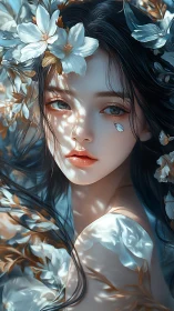 Ethereal floral portrait under dappled forest light.