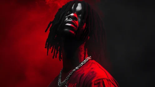 Bold portrait glows in dramatic red and shadowed atmosphere