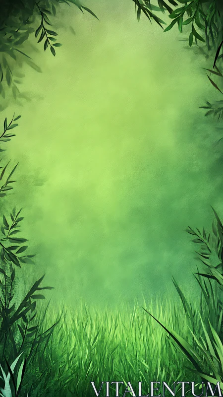 Soft green clearing framed by gentle leaves and grass.