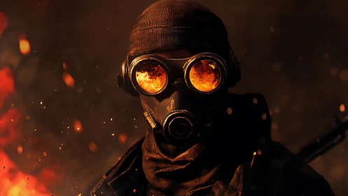 Postapocalyptic soldier in gas mask amid burning embers.
