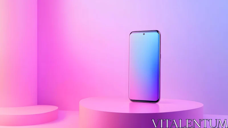 Modern smartphone on pink podium with vibrant gradient background.