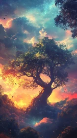 Stellar-lit arboreal colossus within chromatic nebula sky.