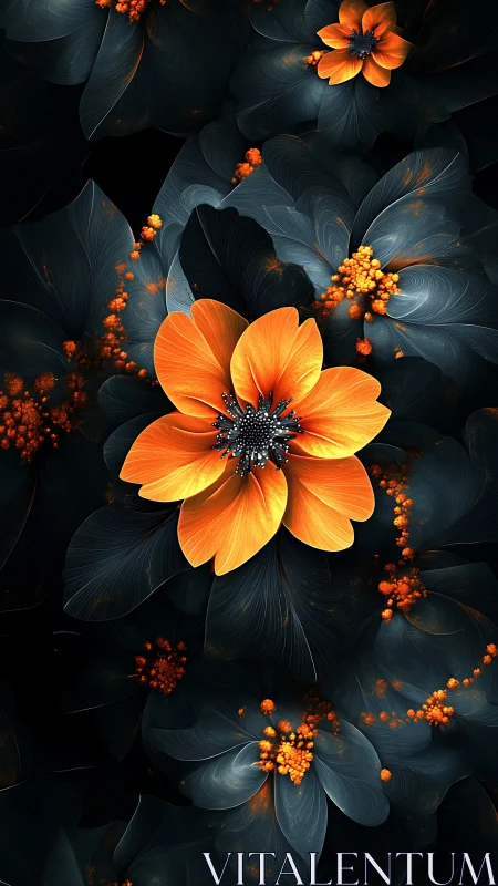 Digital orange flower rendered against dark layered foliage