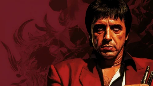 Digital portrait of a stern man in red jacket against maroon field