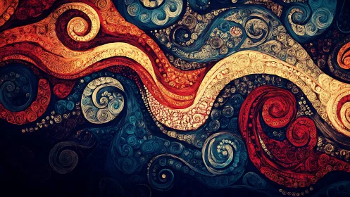 Curvilinear spirals form layered red, blue and gold bands