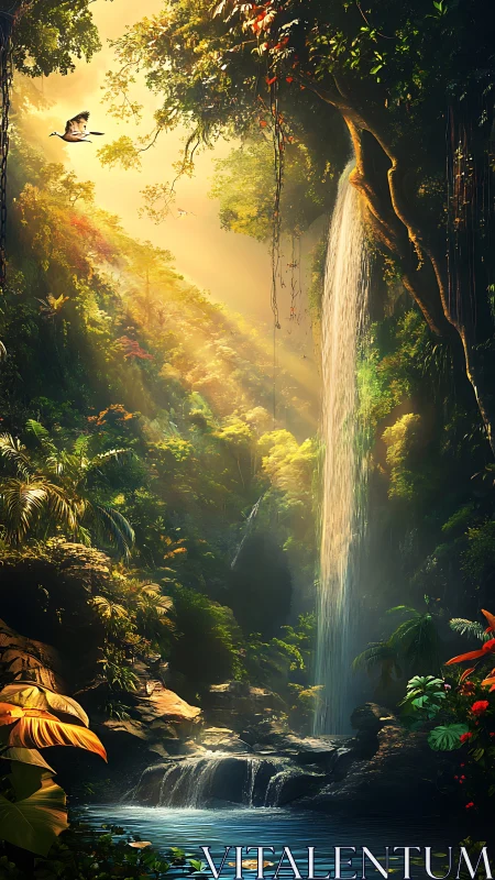 Vertical jungle waterfall with sunlit foliage and pool.