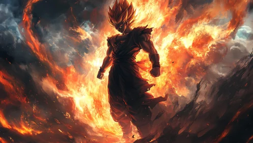 Blazing warrior stands tall in swirling fire and stormlight