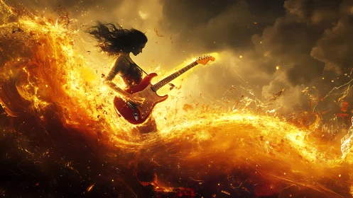 Guitarist Engulfed in Blazing Orange Fire Waves.