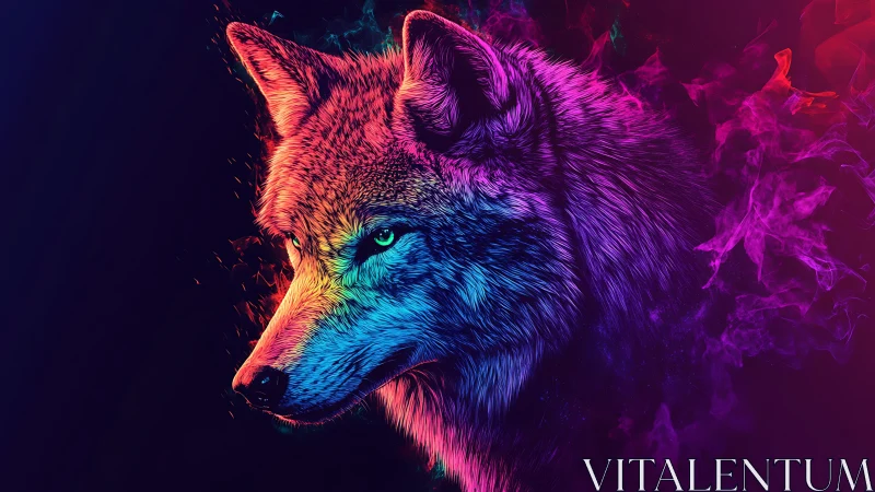 Neon gradient wolf portrait against dark abstract background.